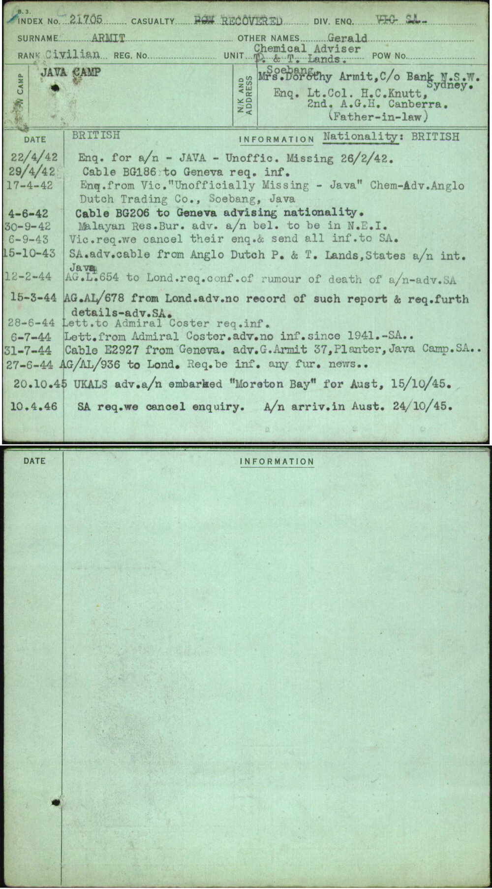 Armit, Gerald, [No Service Number]