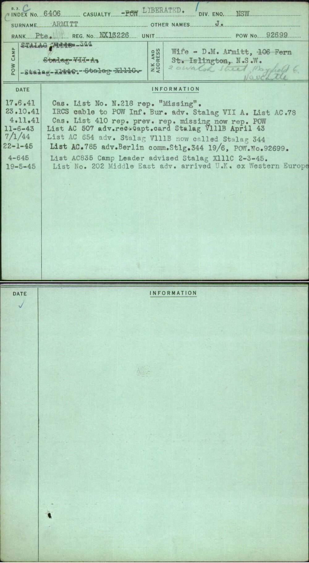 Armitt, J, NX13226