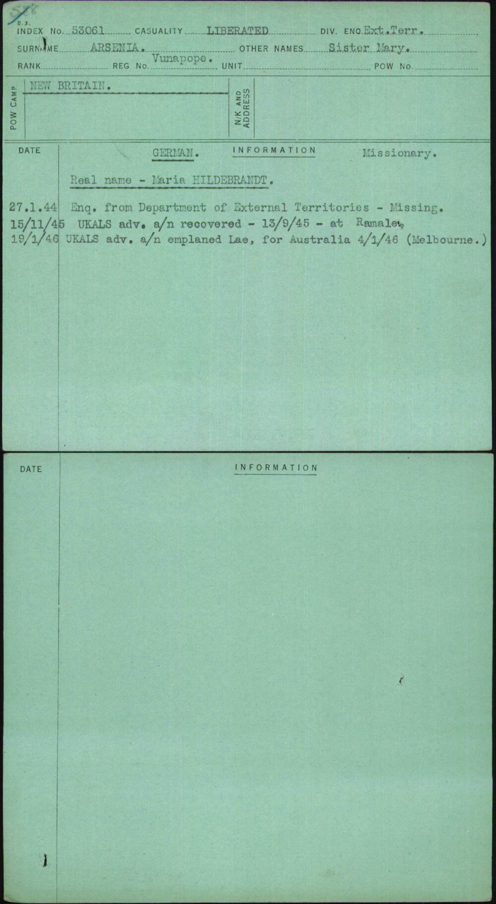 Arsenia, Sister Mary, Vunapope