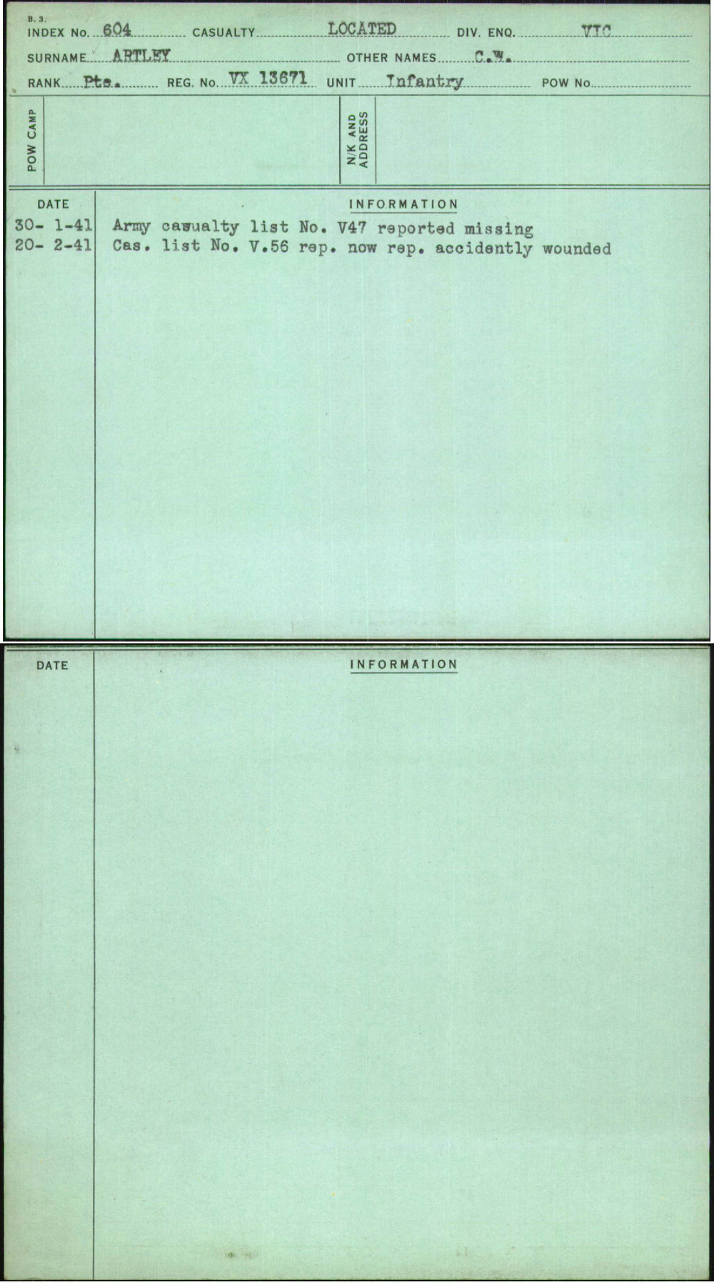 Artley, C W, VX13671