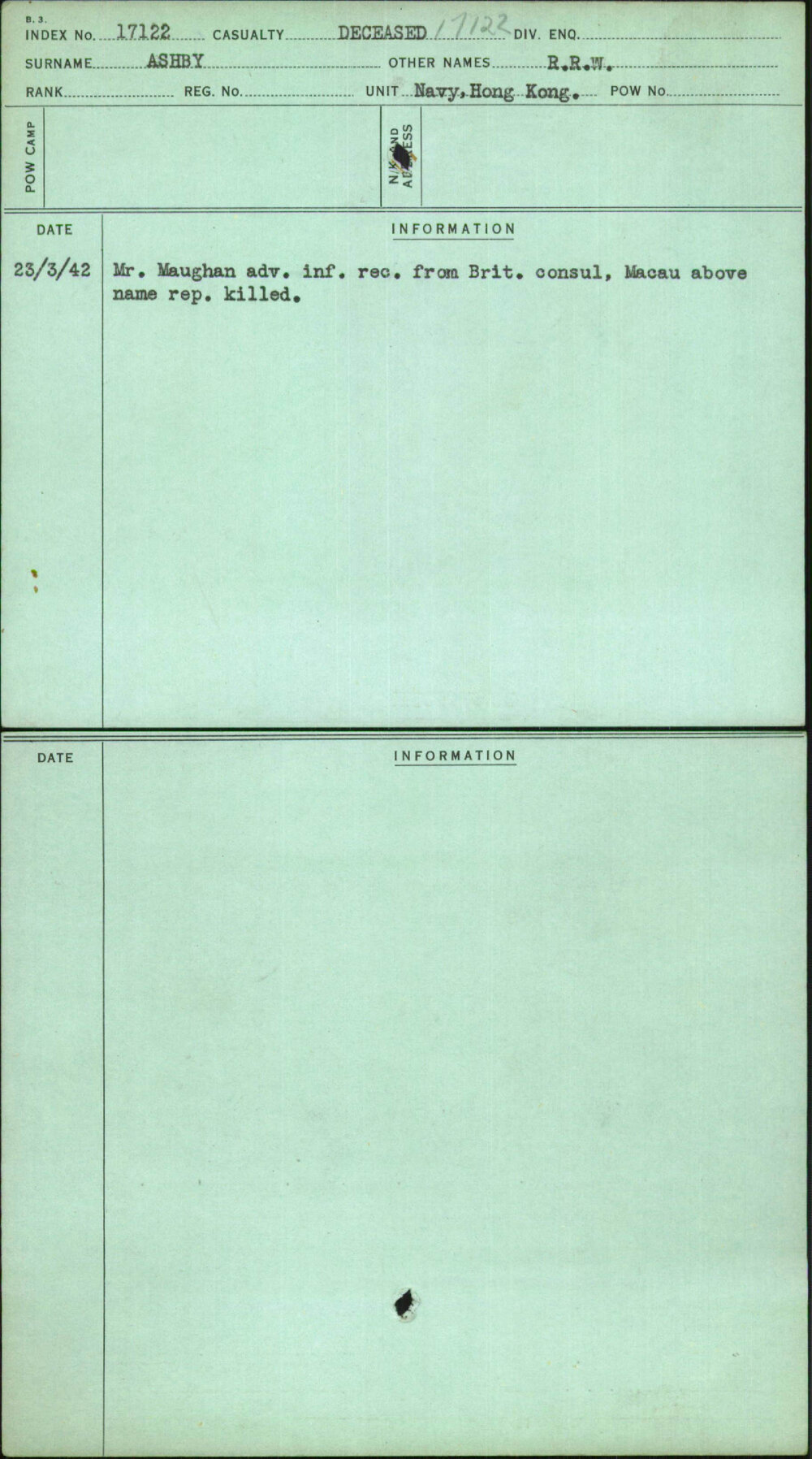 Ashby, R R W, [No Service Number]