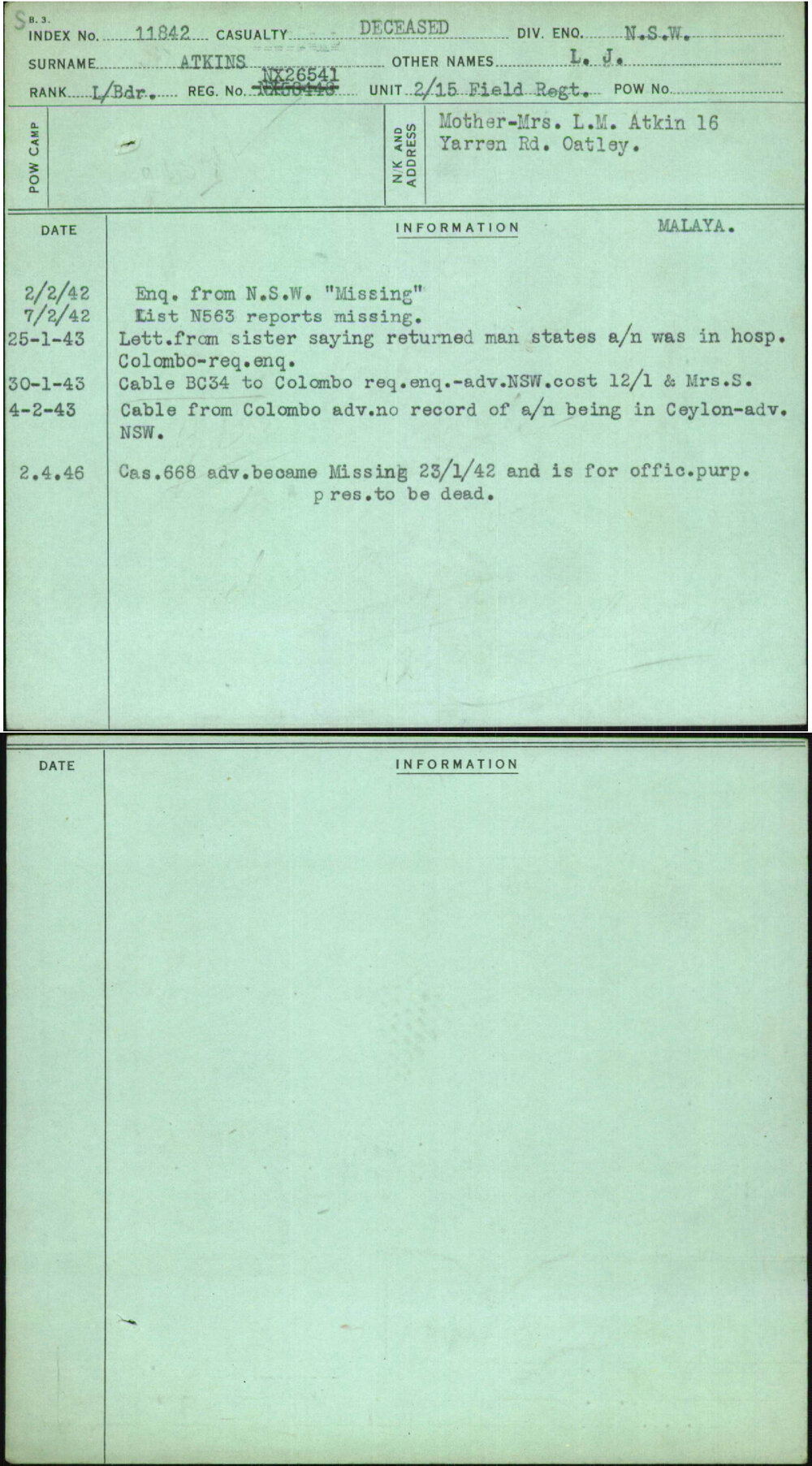 Atkins, L J, NX26541