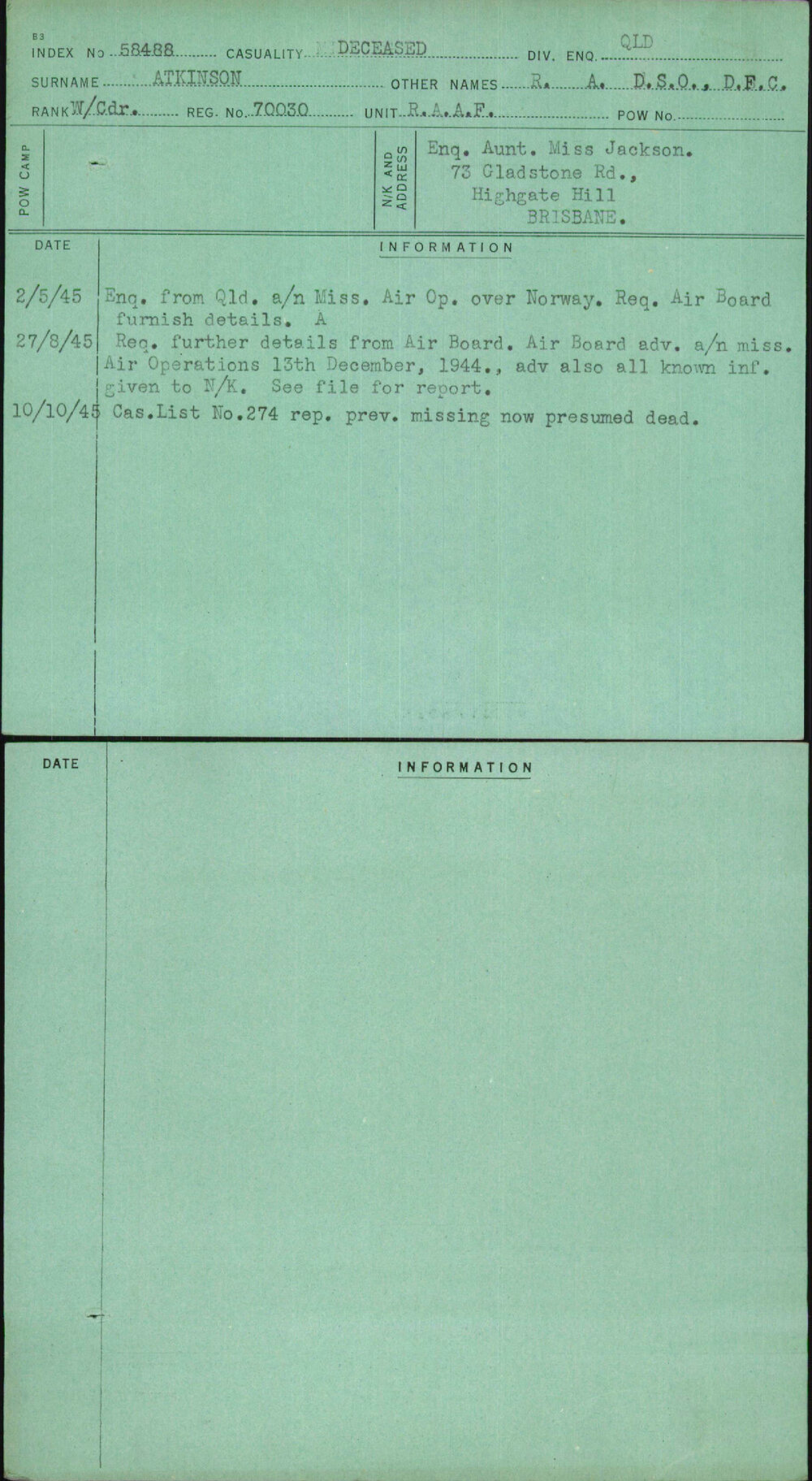 Atkinson, R A Dso Dfc, 70030