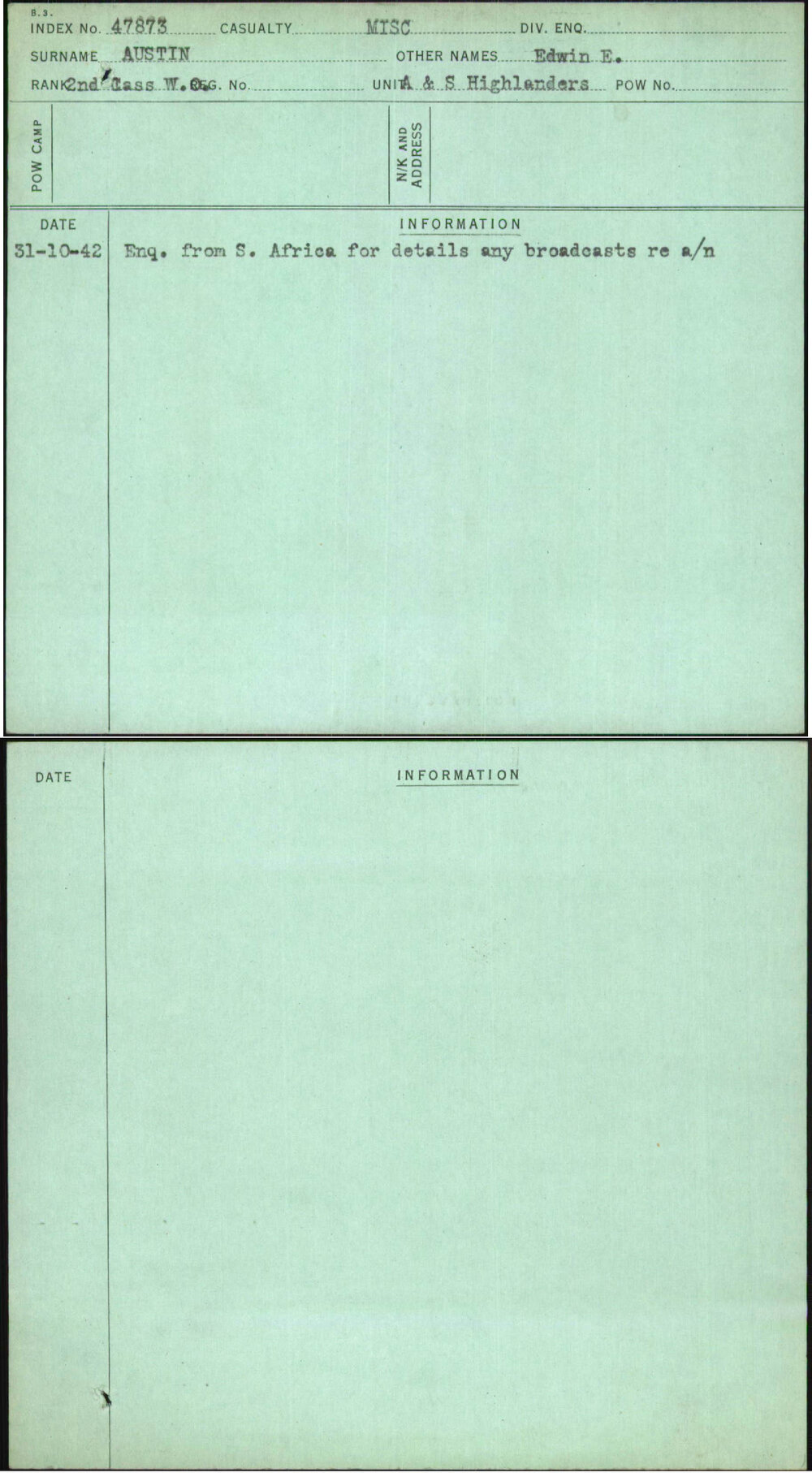 Austin, Edwin E, [No Service Number]