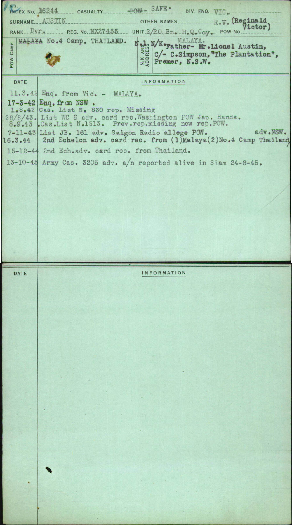 Austin, R V (Reginald Victor), NX27455
