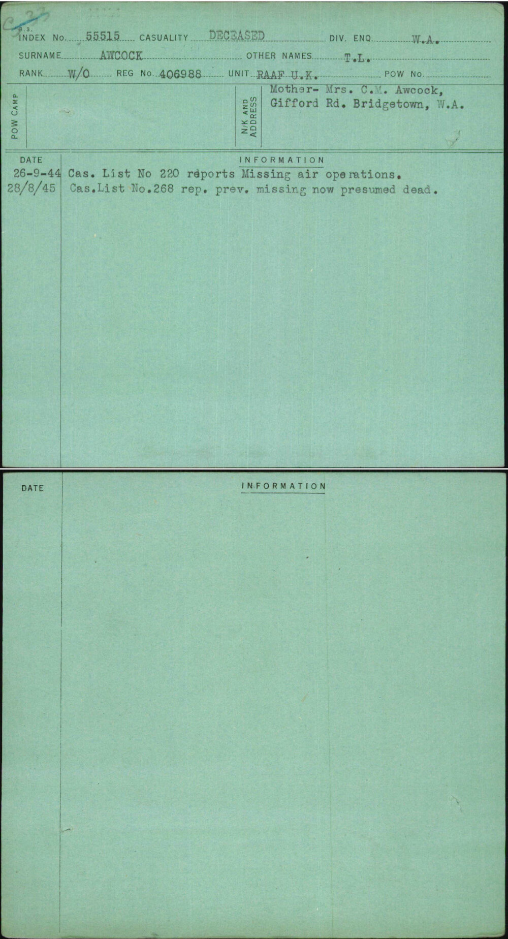 Awcock, T L, 406988