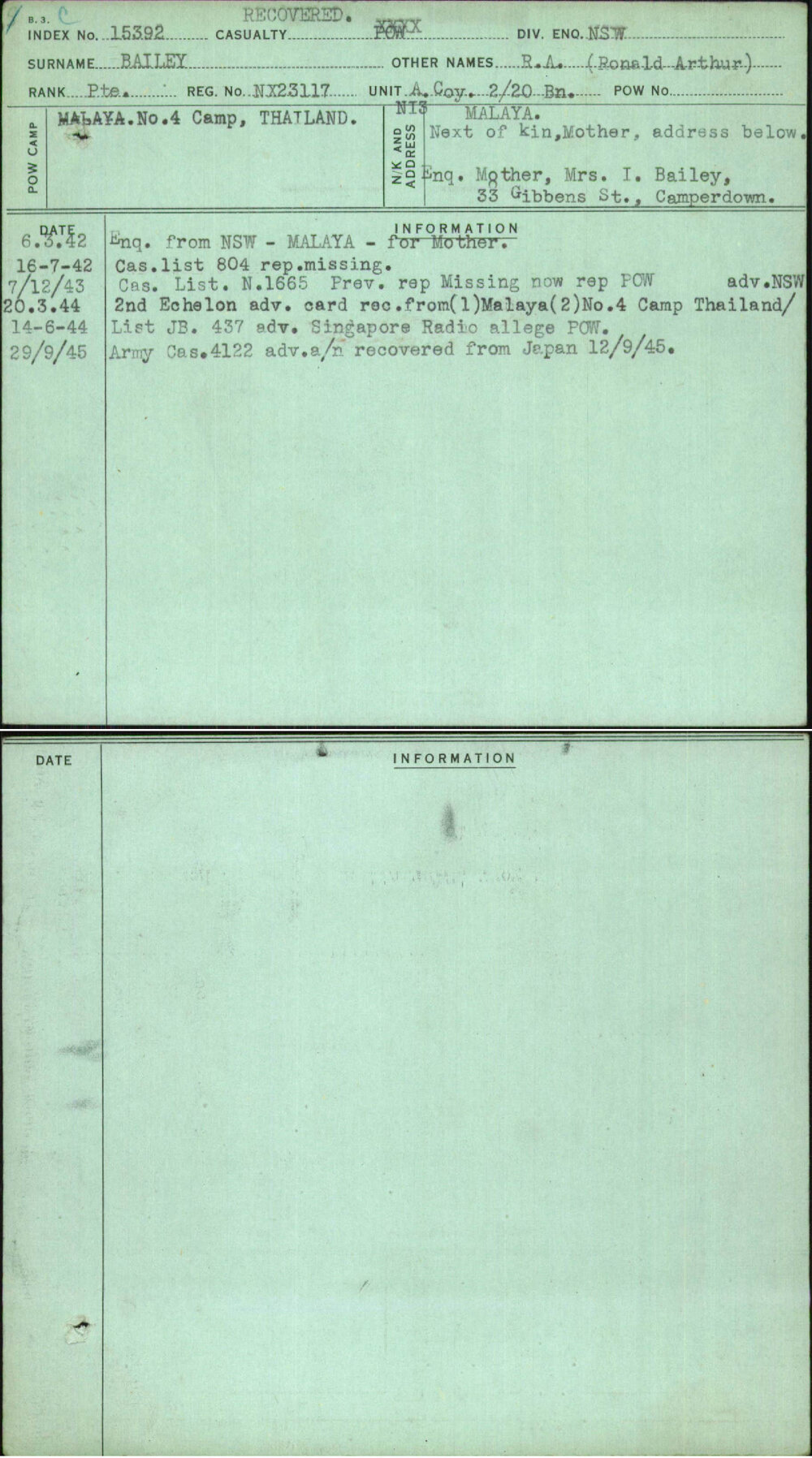 Bailey, R A  (Ronald Arthur), NX23117