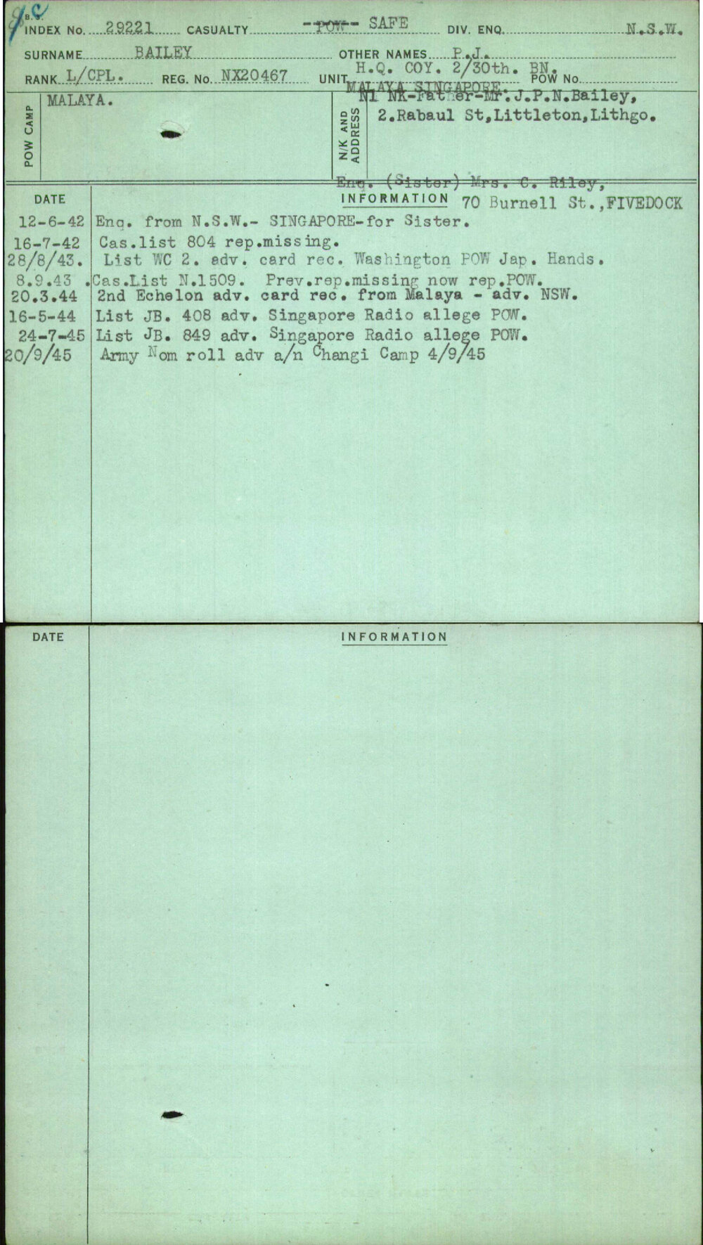 Bailey, P J, NX20467