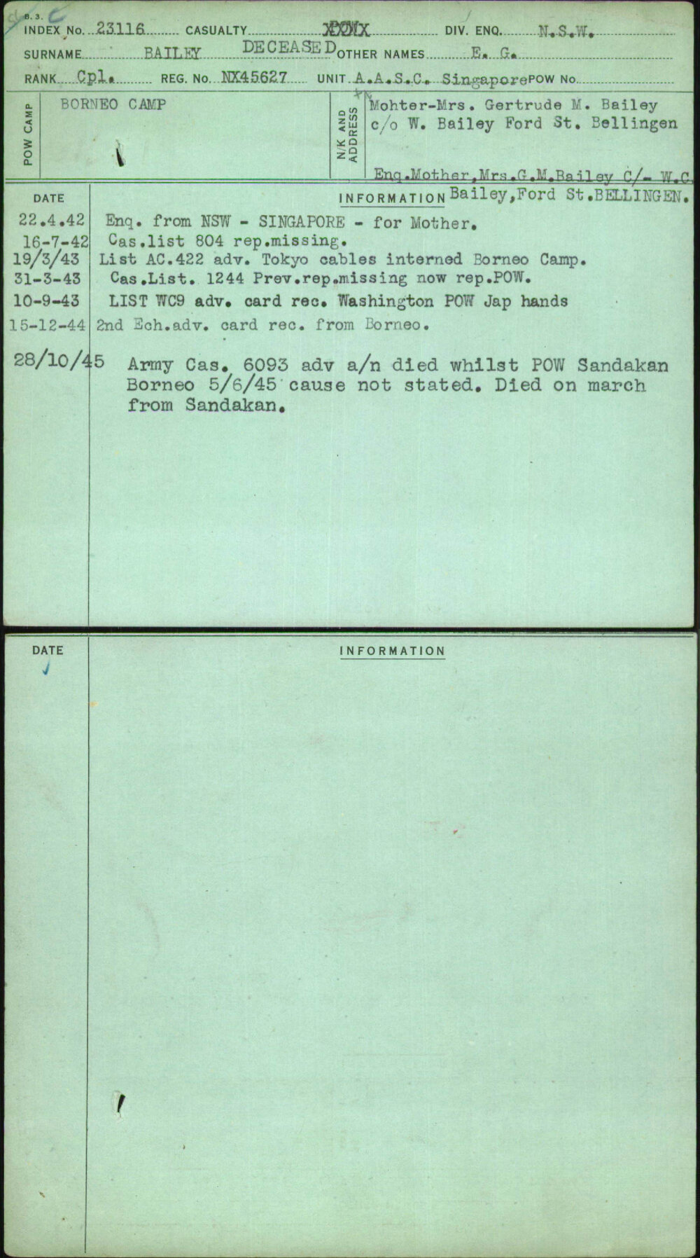 Bailey Deceased, E G, NX45627