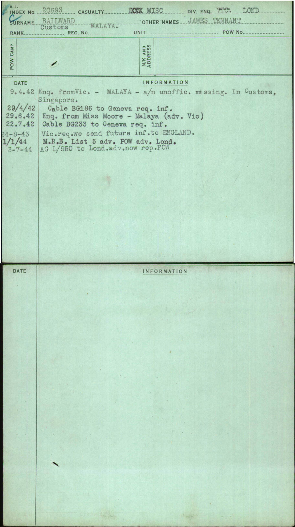 Bailward, James Tennant, Kalaya