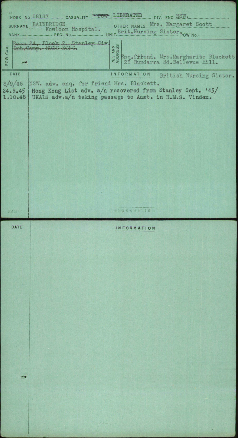 Bainbridge, Mrs Margaret Scott, [No Service Number]