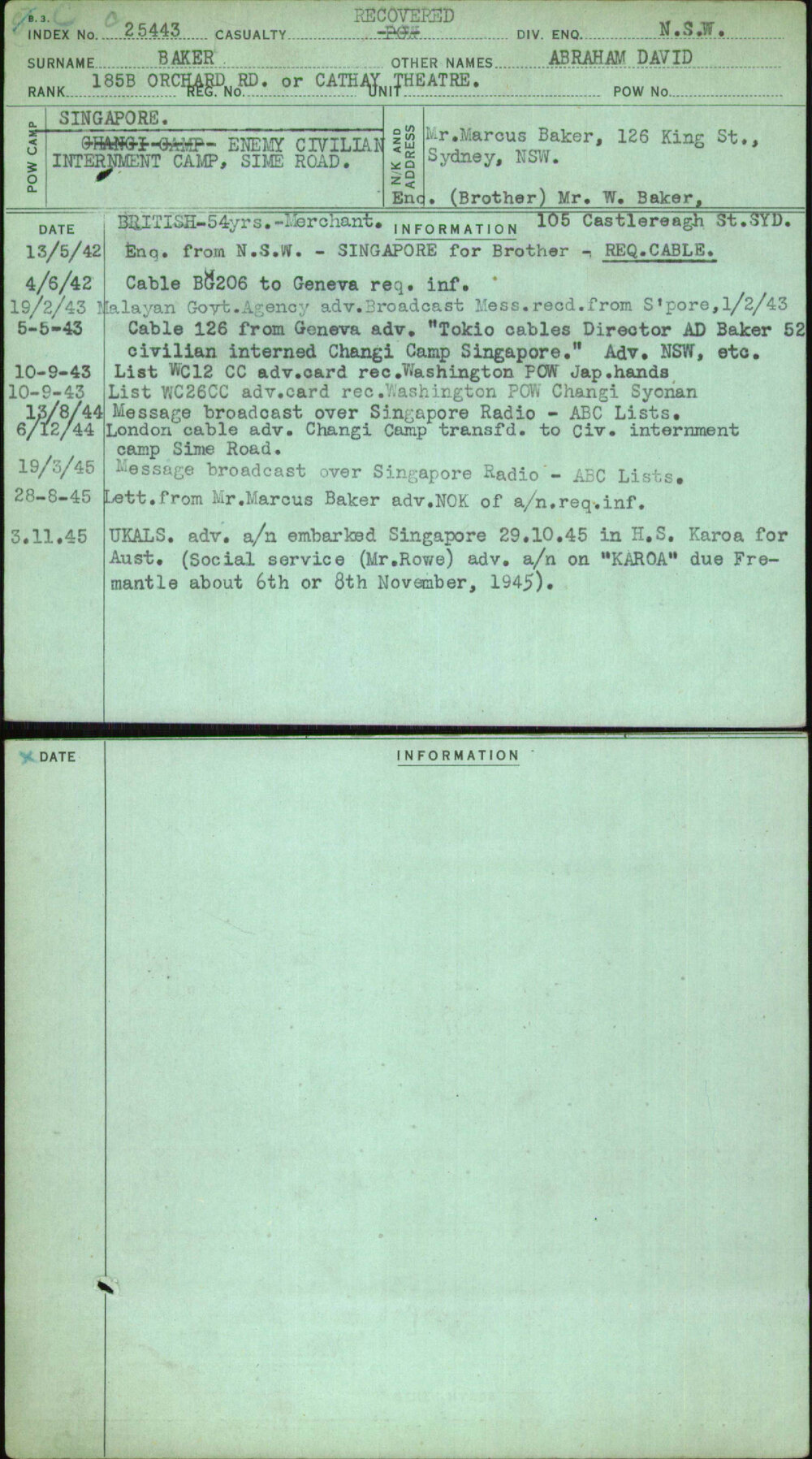 Baker, Abraham David, [No Service Number]