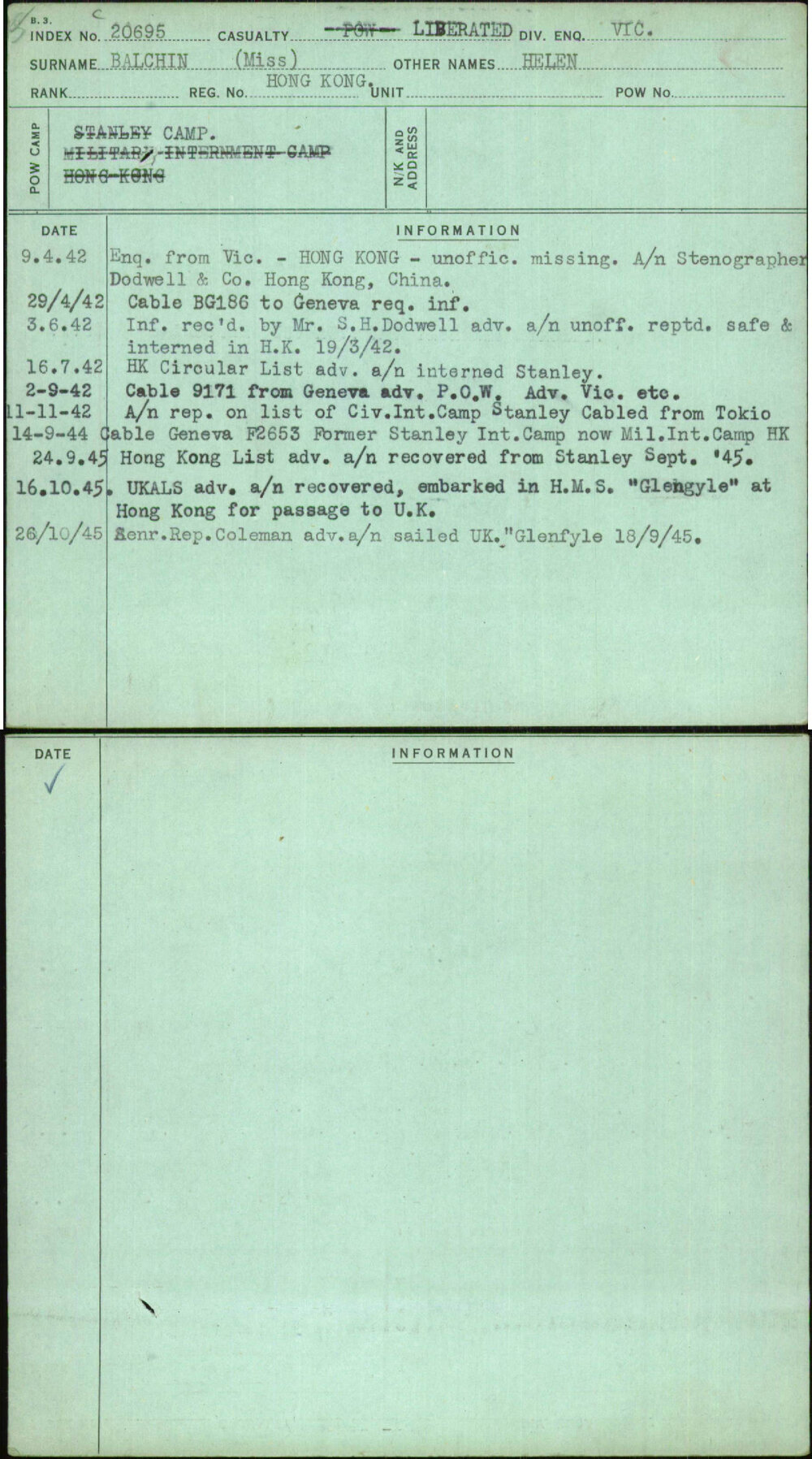 Balchin (Miss), Helen, Hong Kong