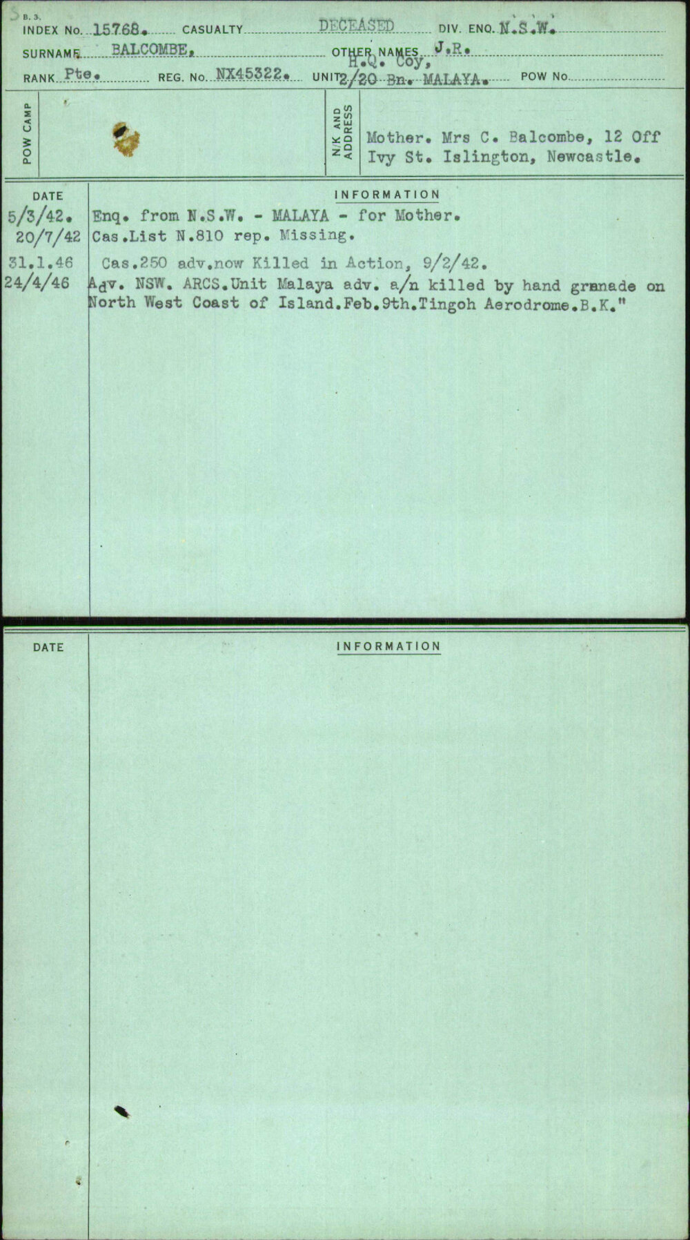 Balcombe, J R, NX45322