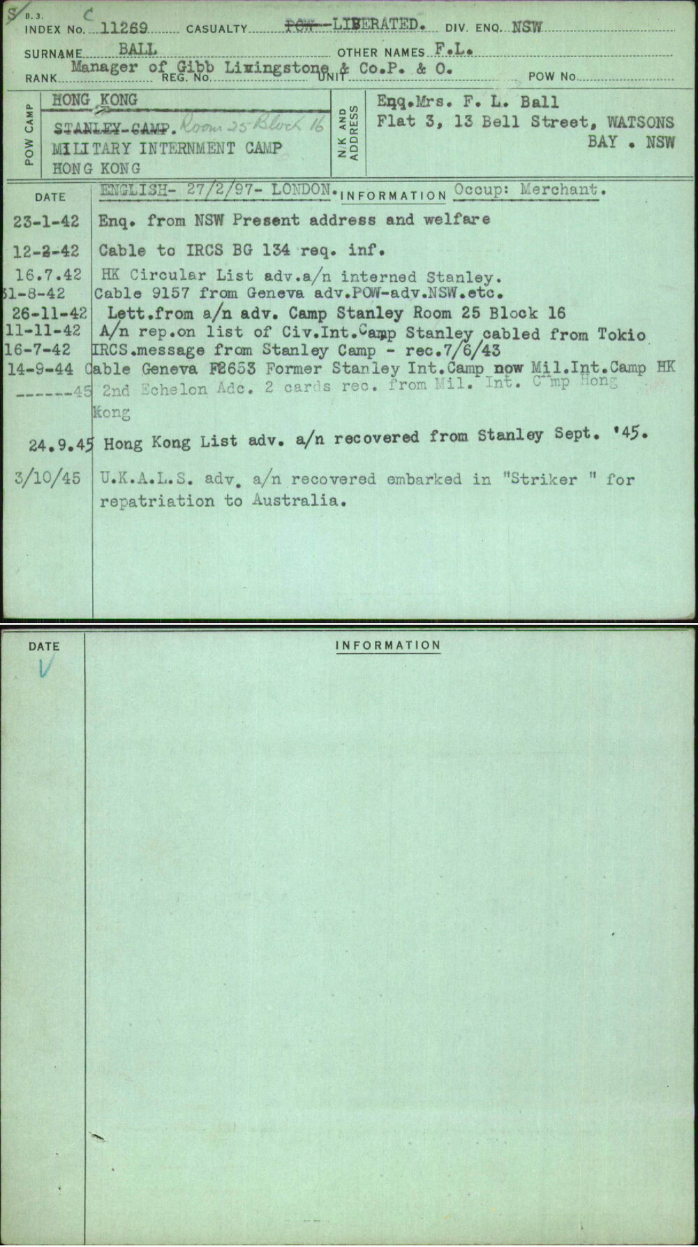 Ball, F L, [No Service Number]