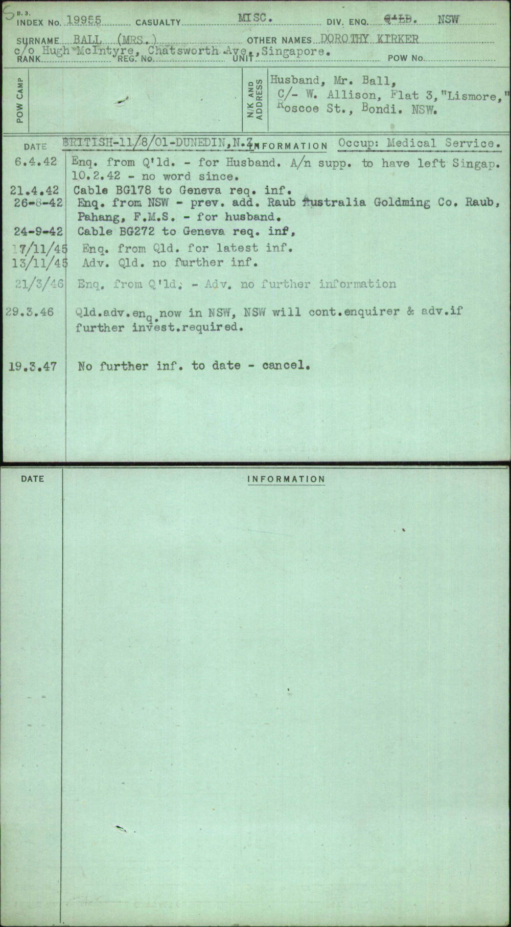 Ball (Mrs), Dorothy Kirker, [No Service Number]