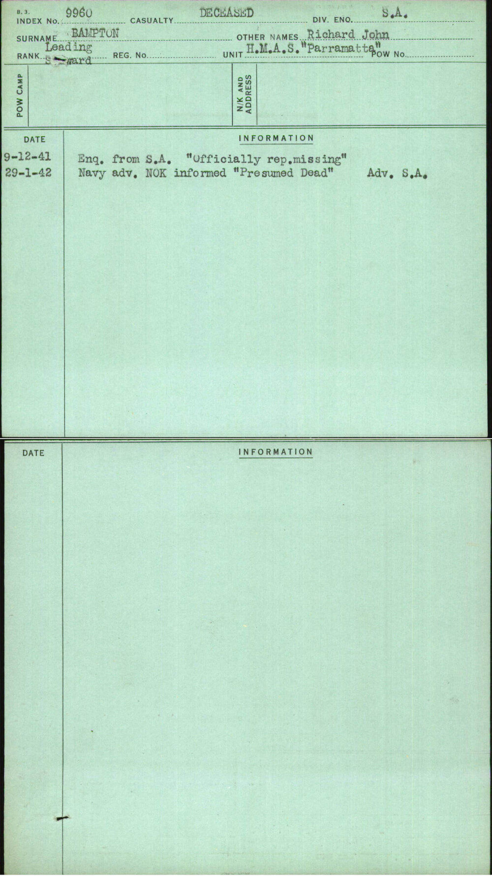 Bampton, Richard John, [No Service Number]