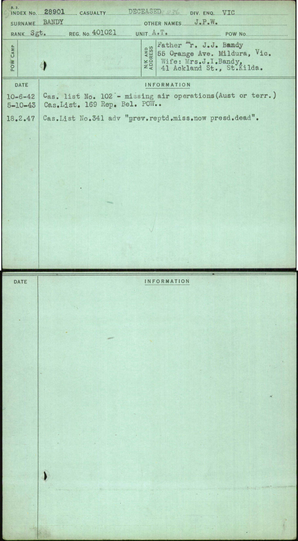 Bandy, J P W, 401021