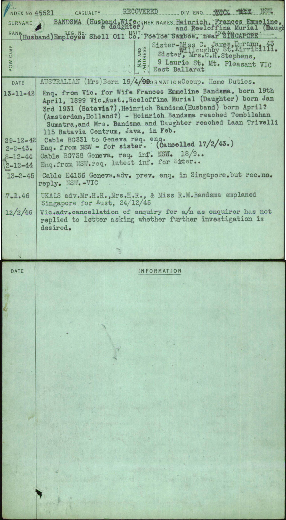 Bandsma (Husband Wife &amp; Daughter), Heinrich Frances Emmeline And Roeloffina Murial (Daugh, [No Service Number]