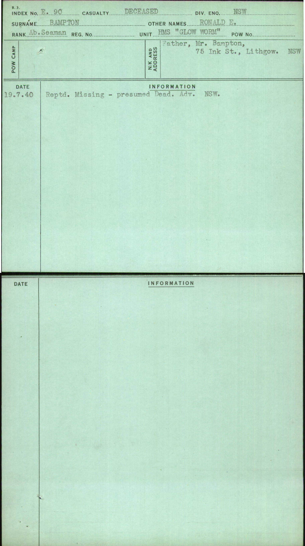 Bampton, Ronald E, [No Service Number]
