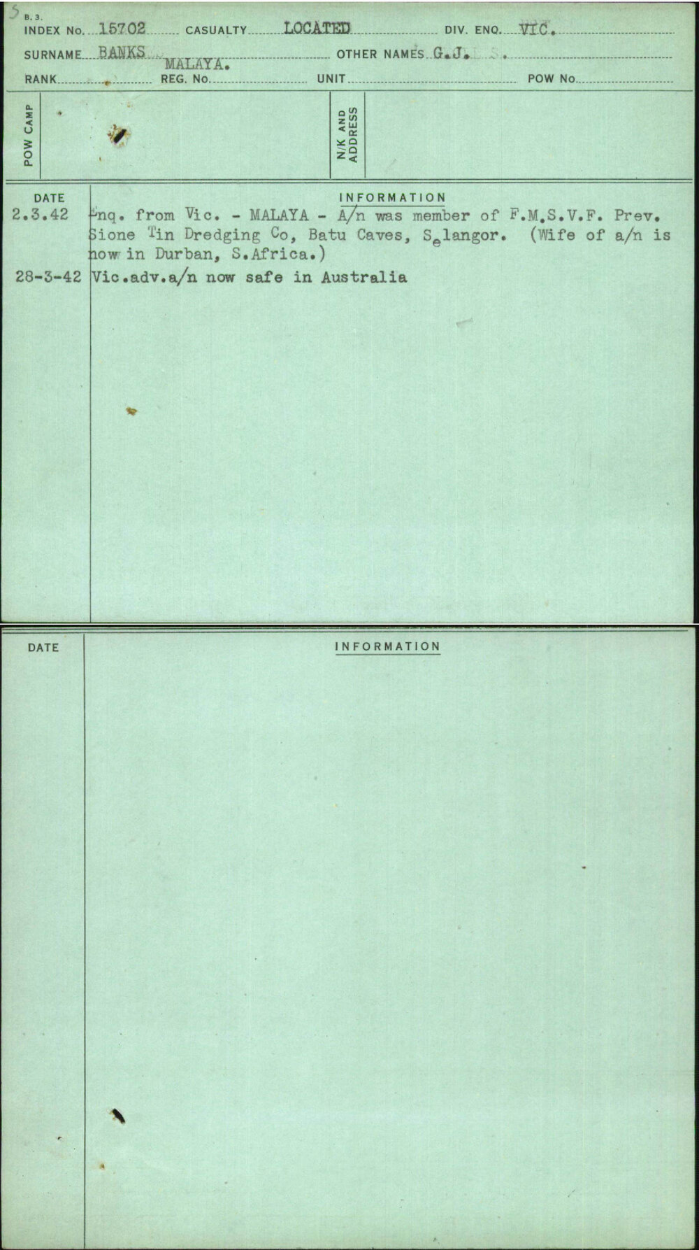 Banks, G J, Malaya