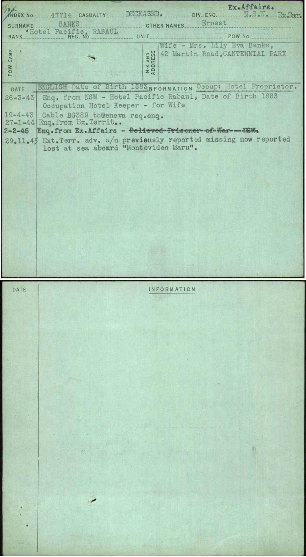 Banks, Ernest, [No Service Number]