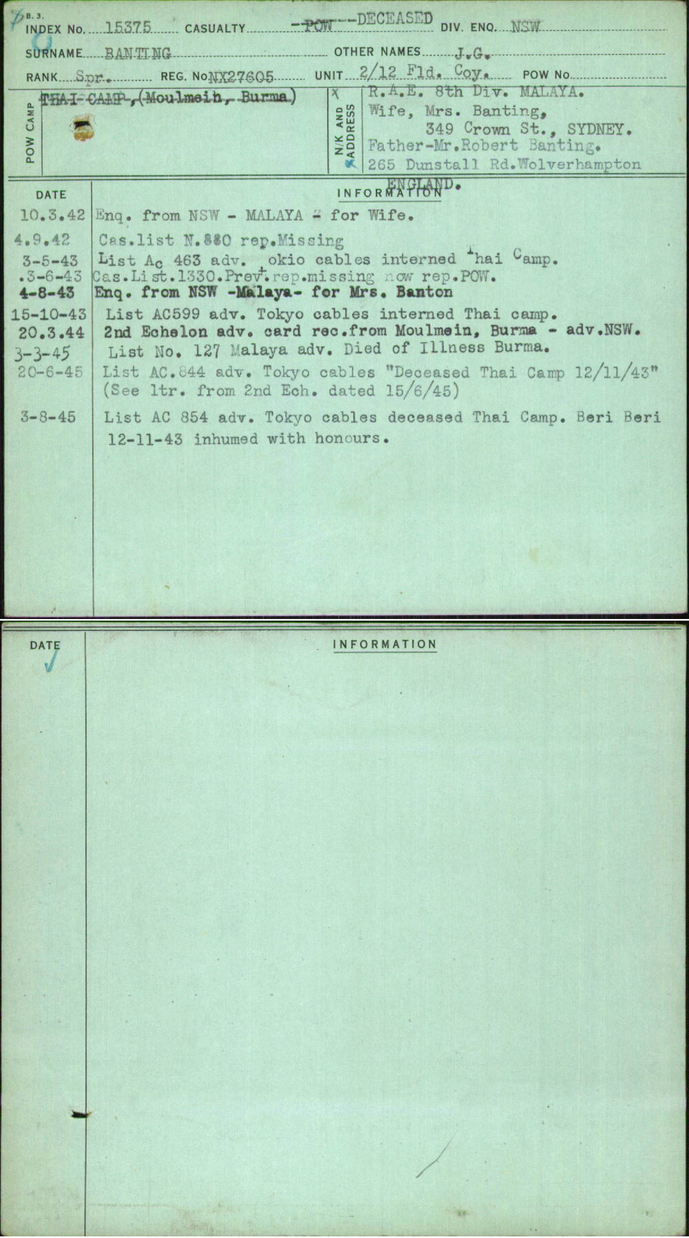 Banting, J G, NX27605