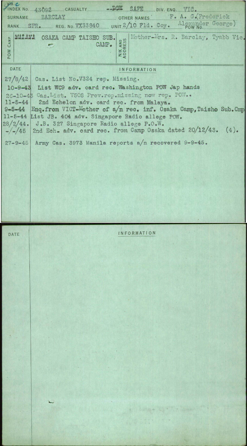 Barclay, F A G (Frederick Alexander George), VX33840