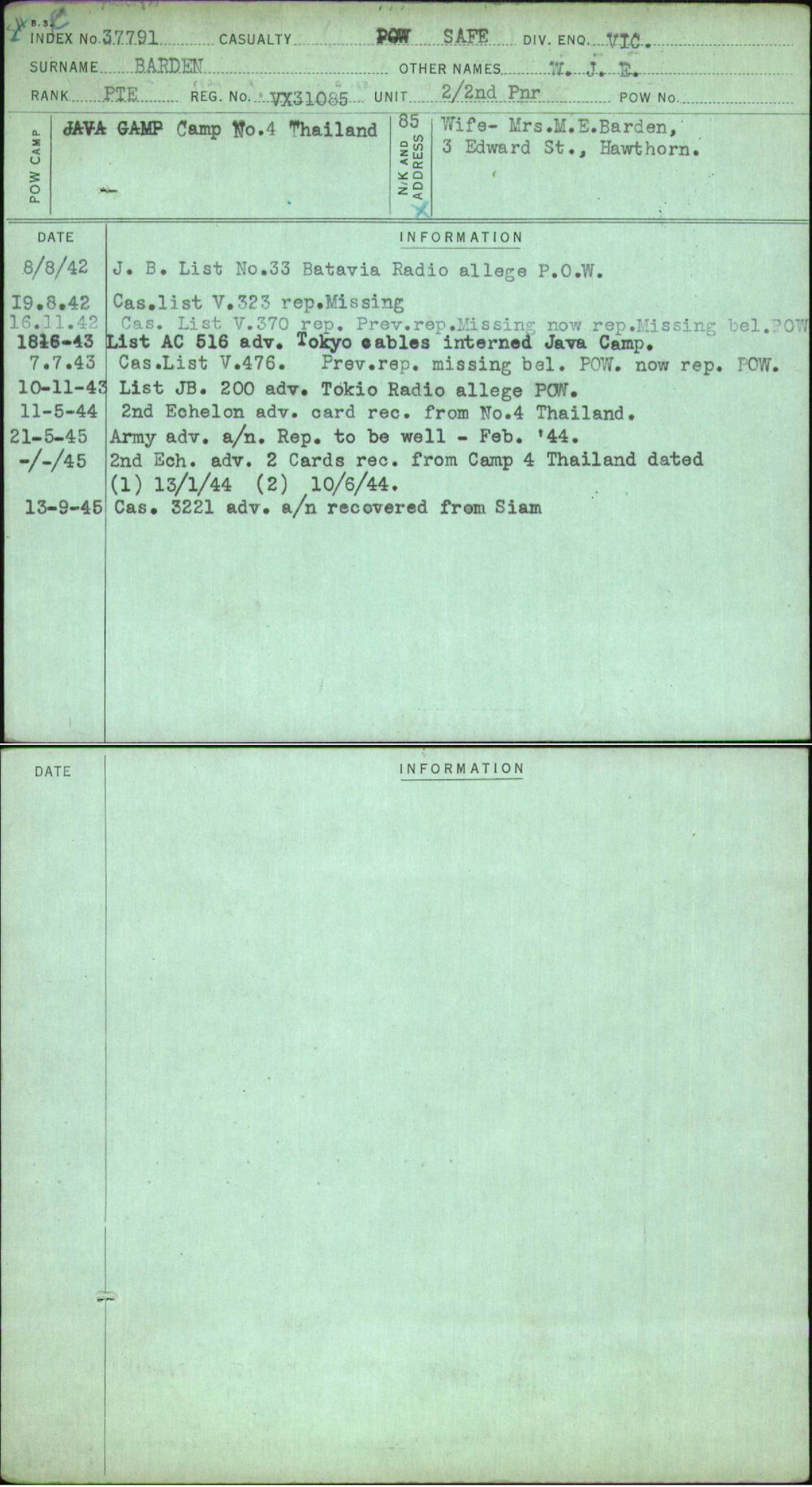 Barden, W J E, VX31085