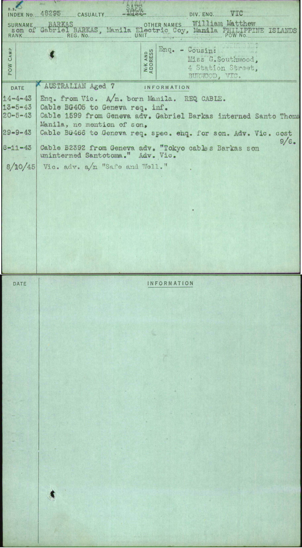 Barkas, William Matthew, [No Service Number]