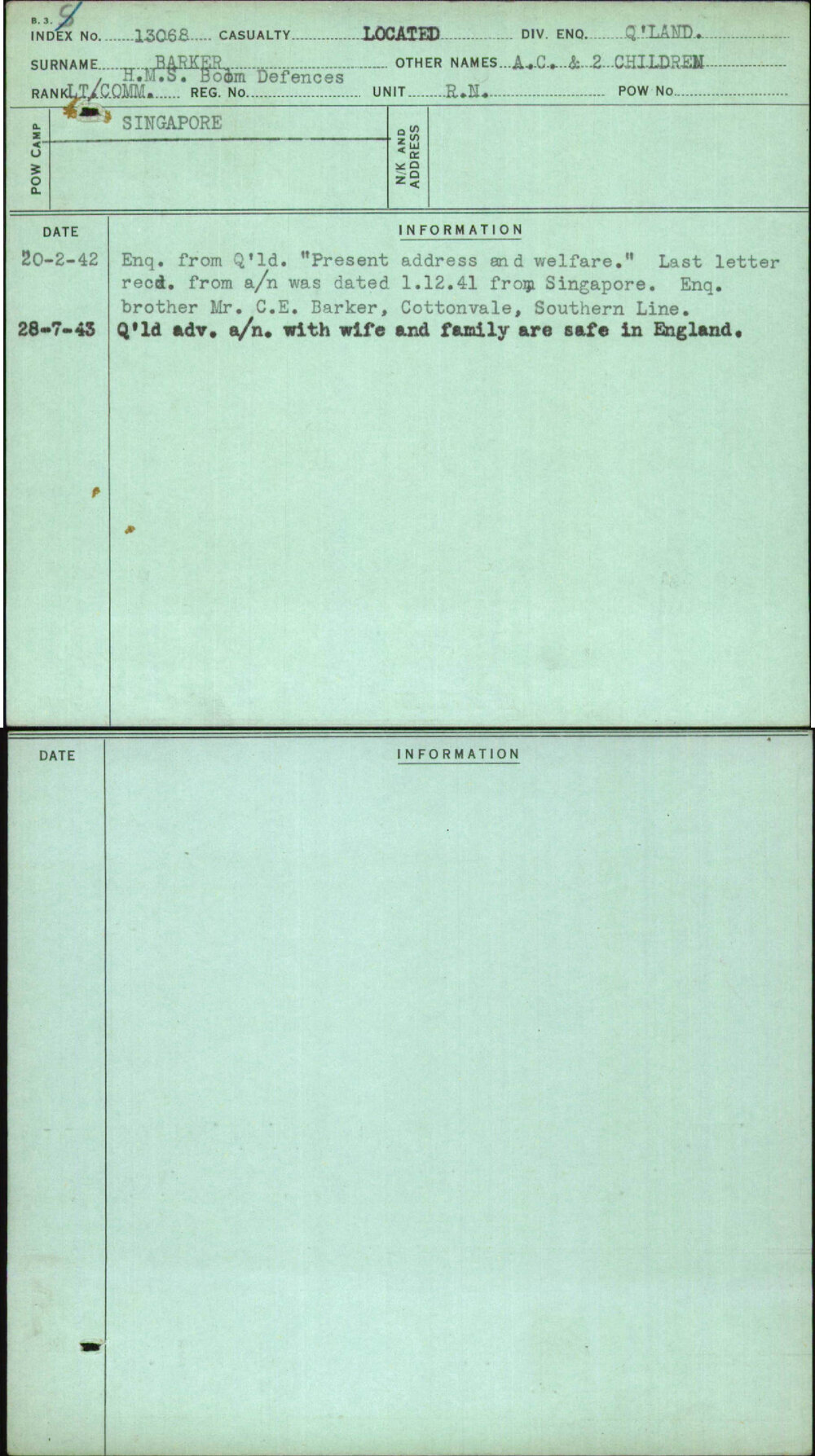 Barker, A C &amp; 2 Children, [No Service Number]