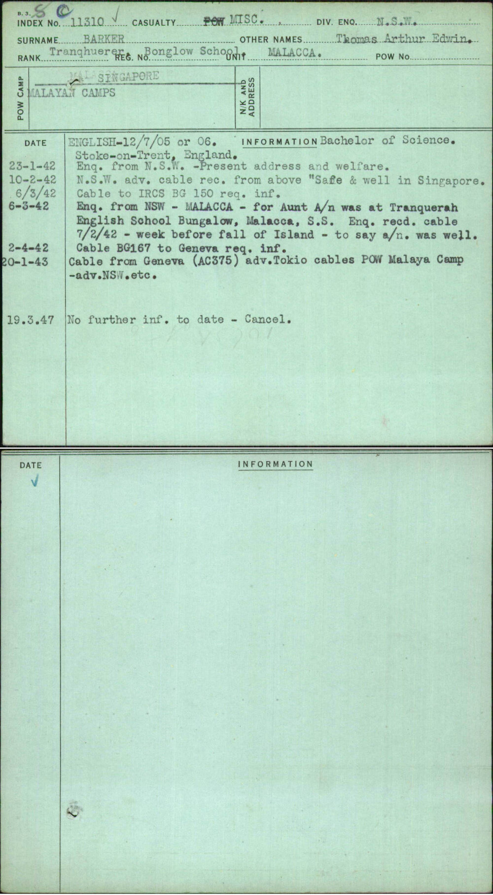 Barker, Thomas Arthur Edwin, [No Service Number]