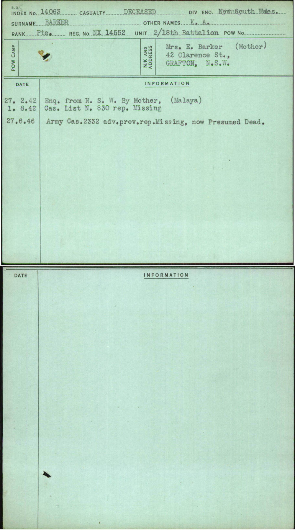 Barker, K A, NX14552