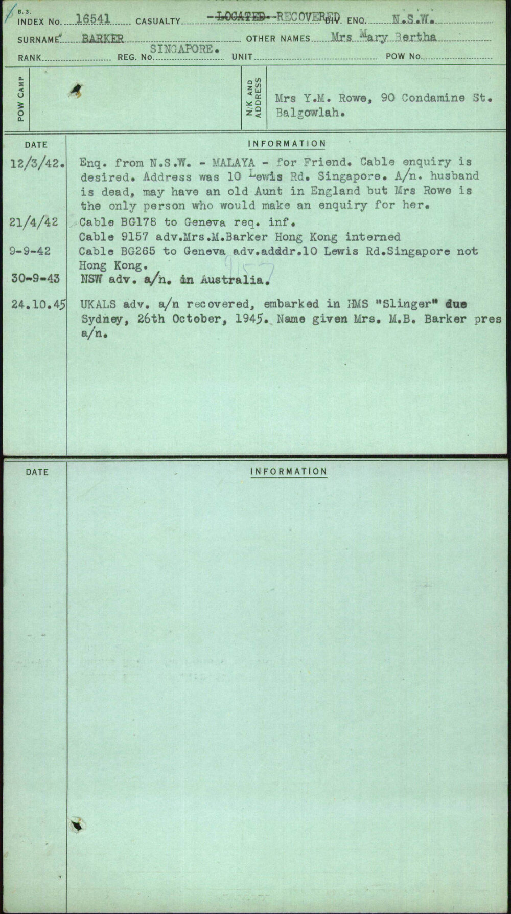 Barker, Mrs Mary Bertha, Singapore