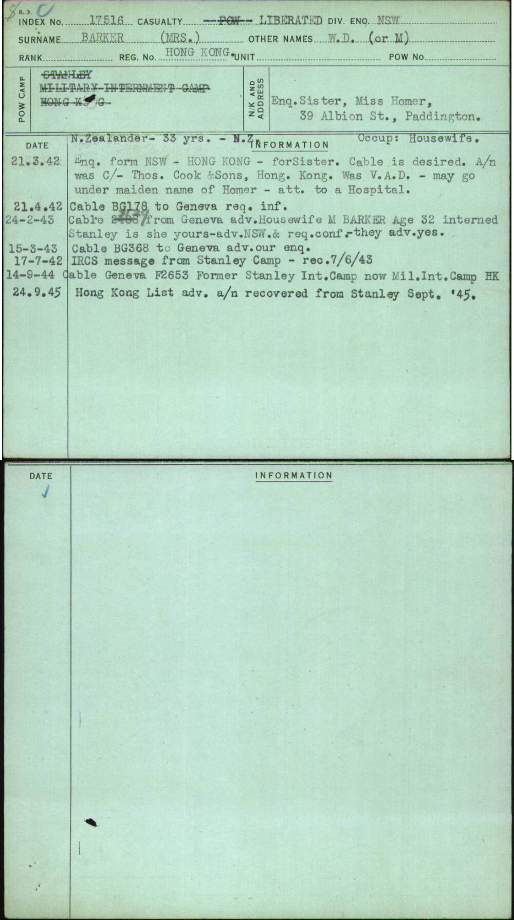 Barker (Mrs), W D (Or M), Hong Kong