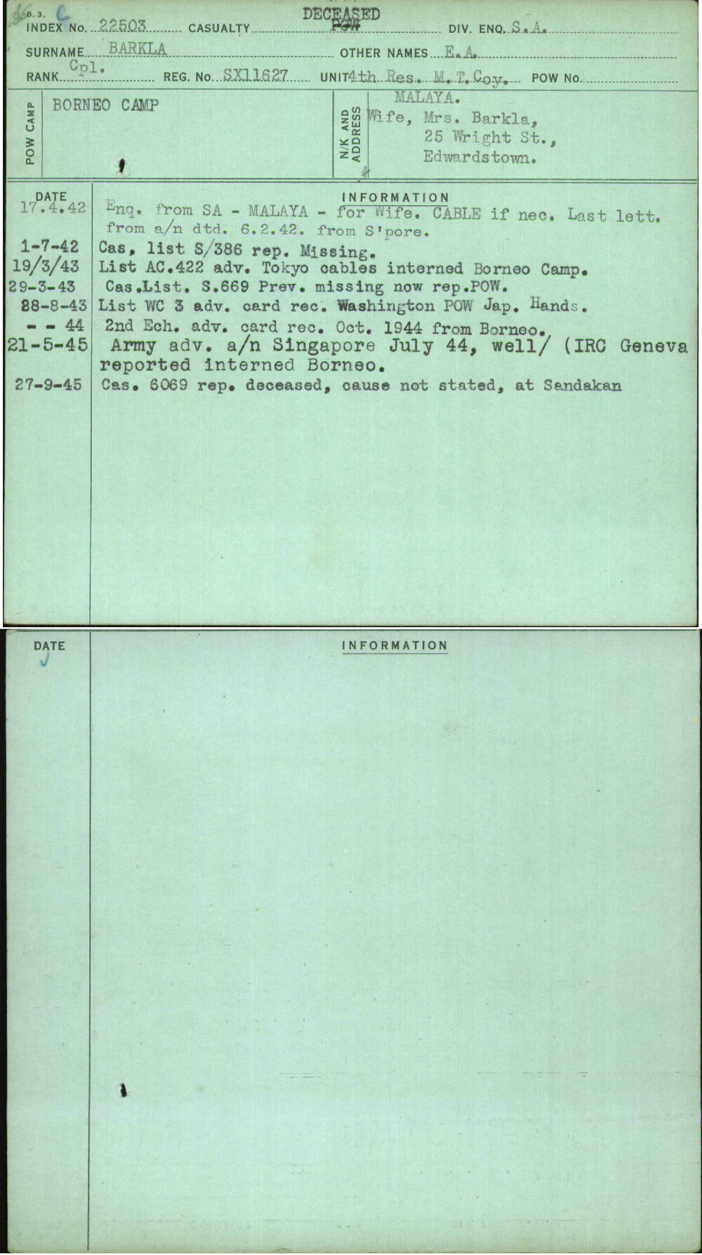 Barkla, E A, SX11627