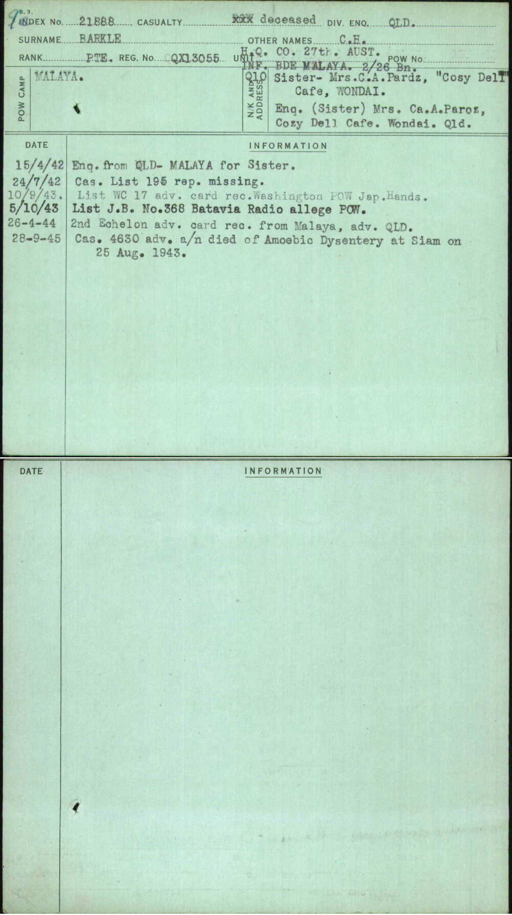 Barkle, C H, QX13055