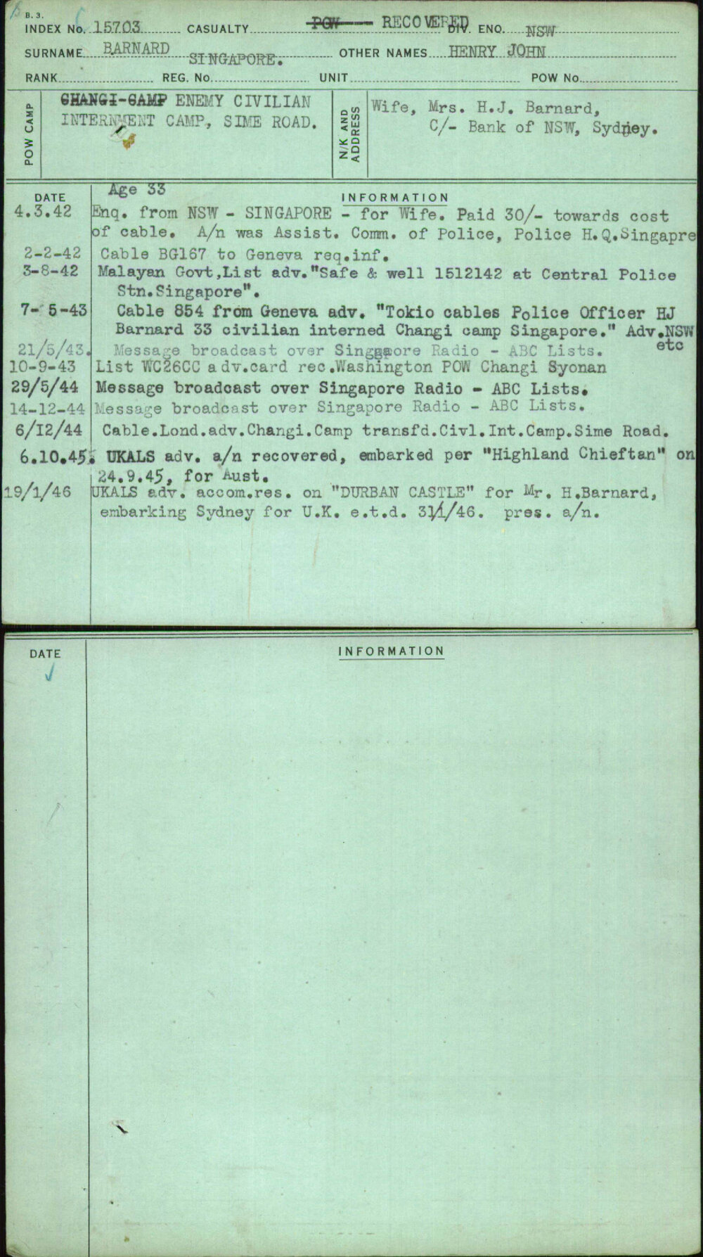 Barnard, Henry John, Singapore