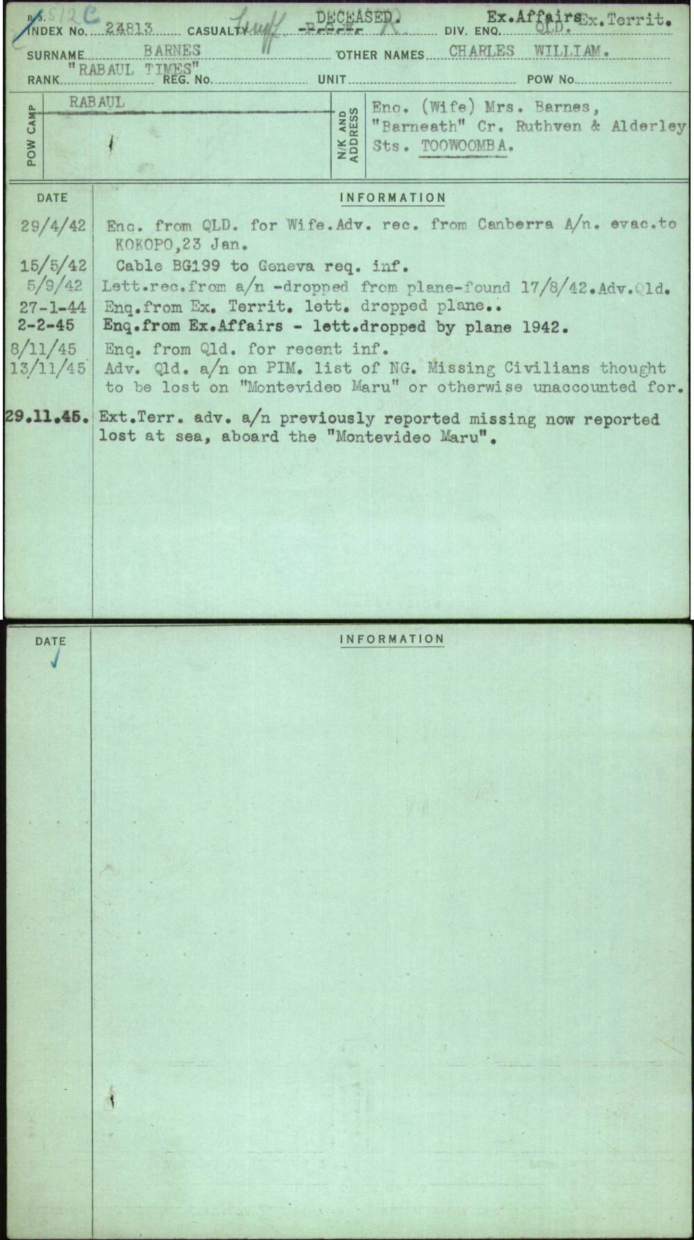 Barnes, Charles William, [No Service Number]