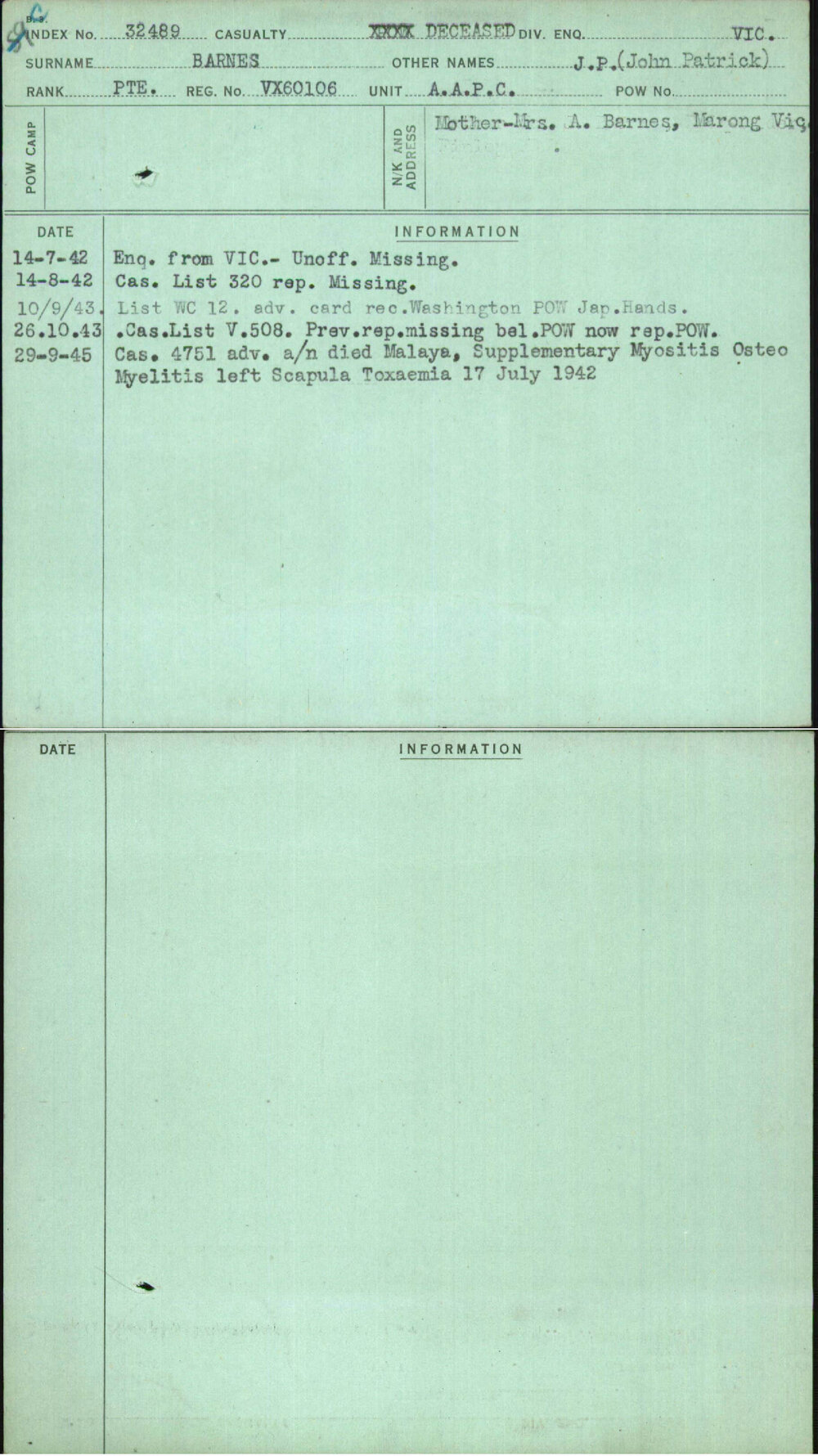 Barnes, J P (John Patrick), VX60106