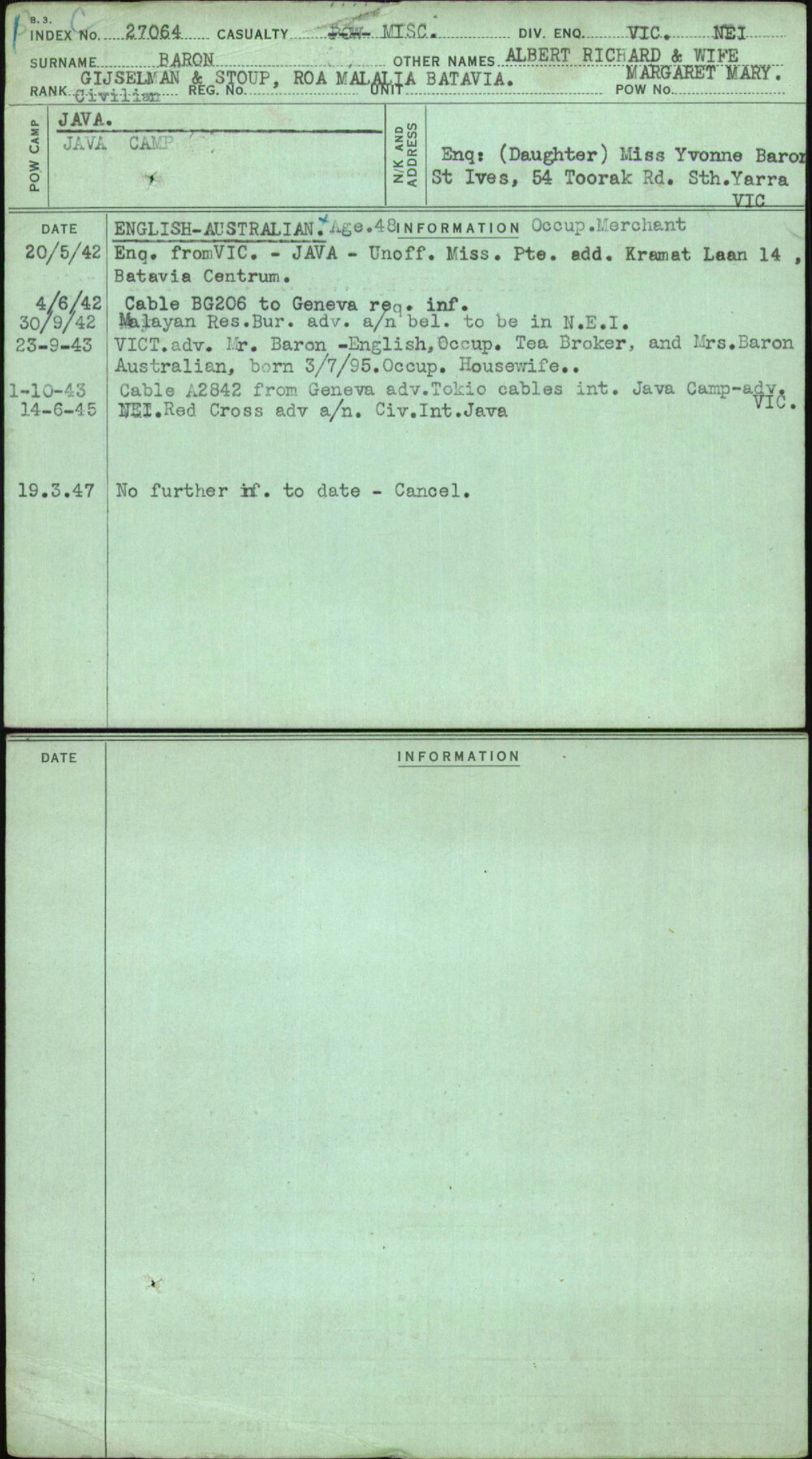 Baron, Albert Richard &amp; Wife Margaret Mary, [No Service Number]