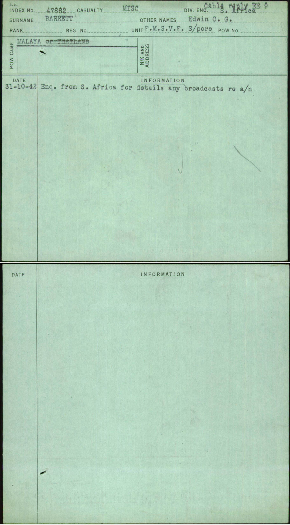 Barrett, Edwin C G, [No Service Number]