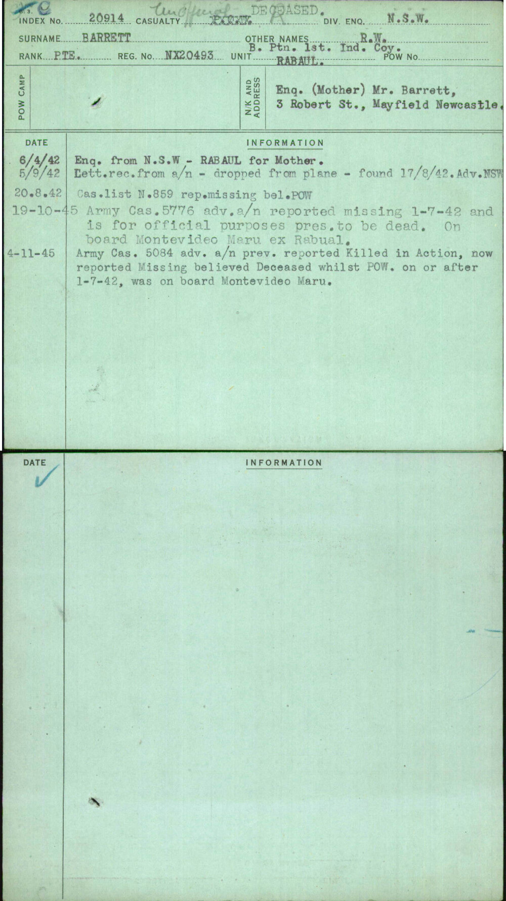 Barrett, R W, NX20493