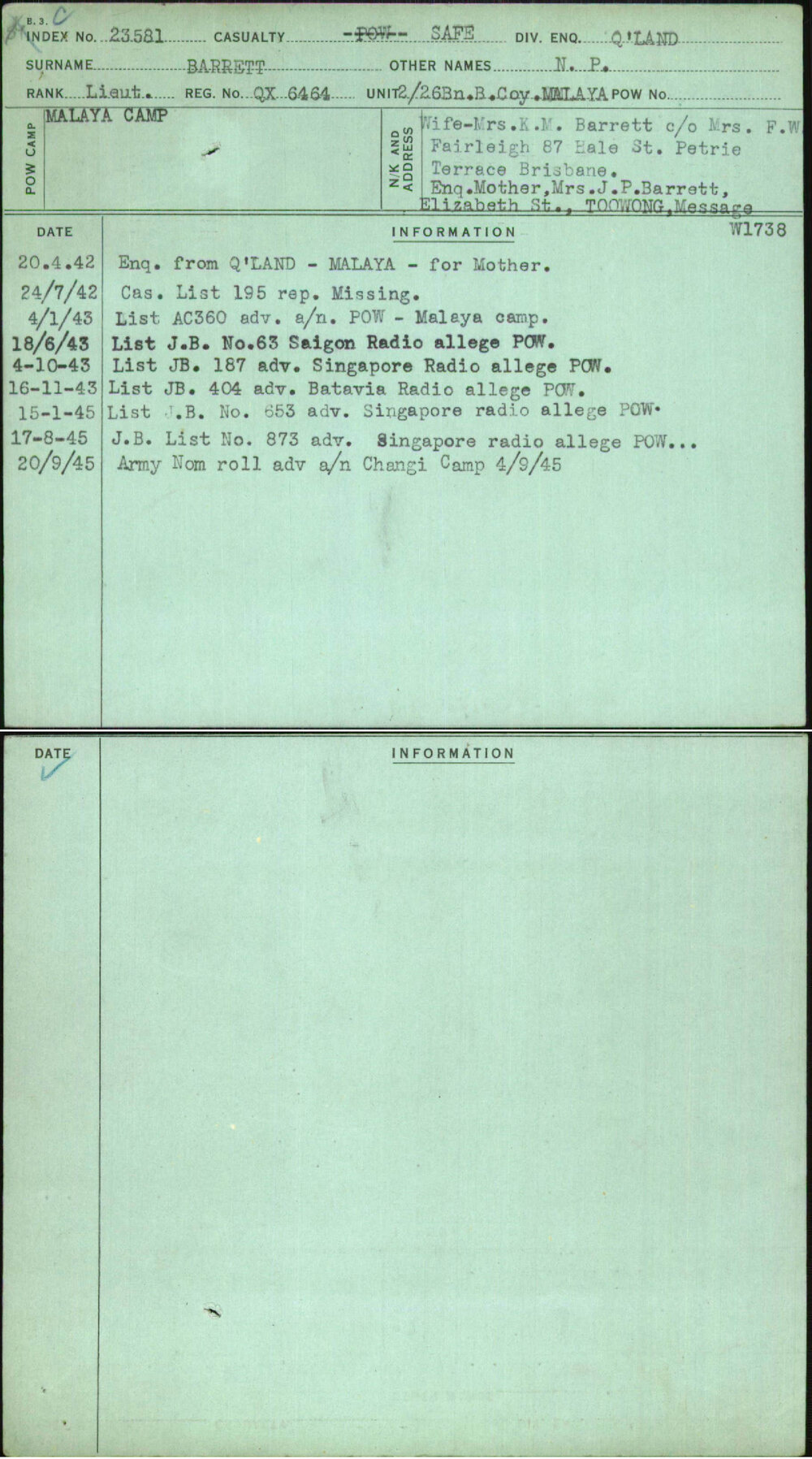 Barrett, N P, QX6464