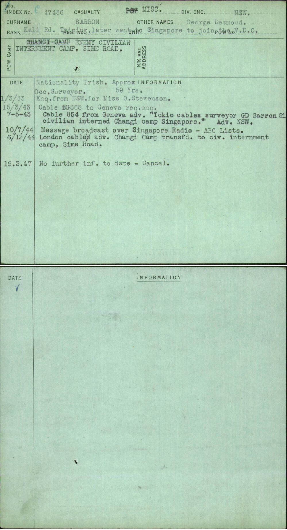 Barron, George Desmond, [No Service Number]