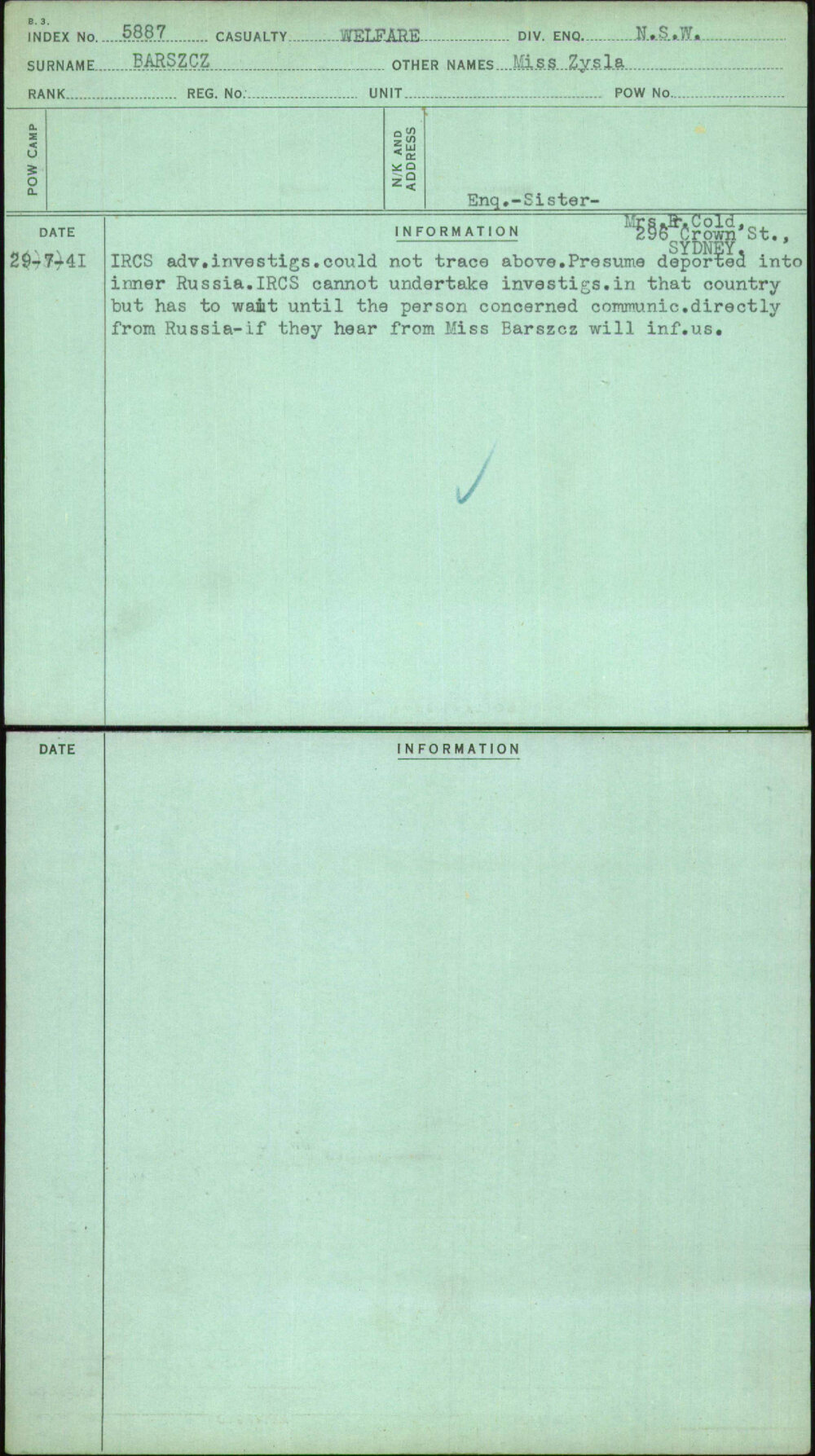 Barszcz, Miss Zysla, [No Service Number]