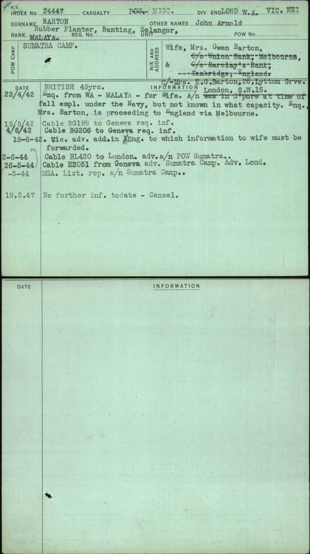 Barton, John Arnold, [No Service Number]