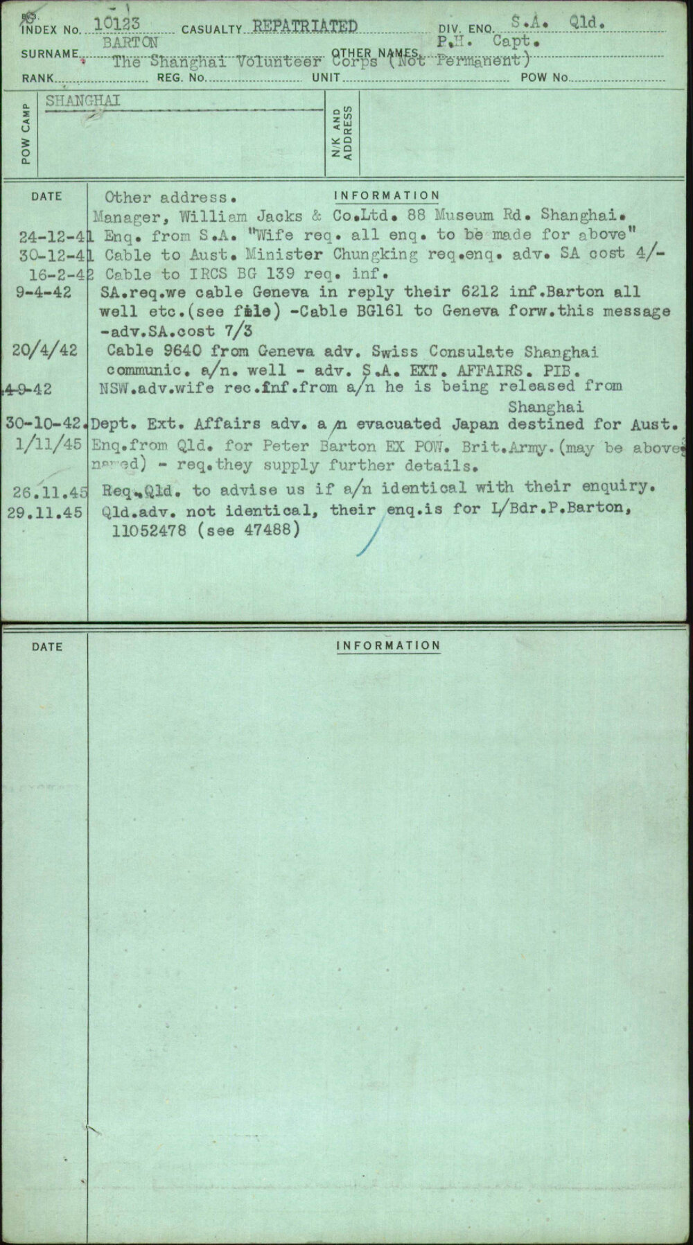 Barton, P H Capt, [No Service Number]