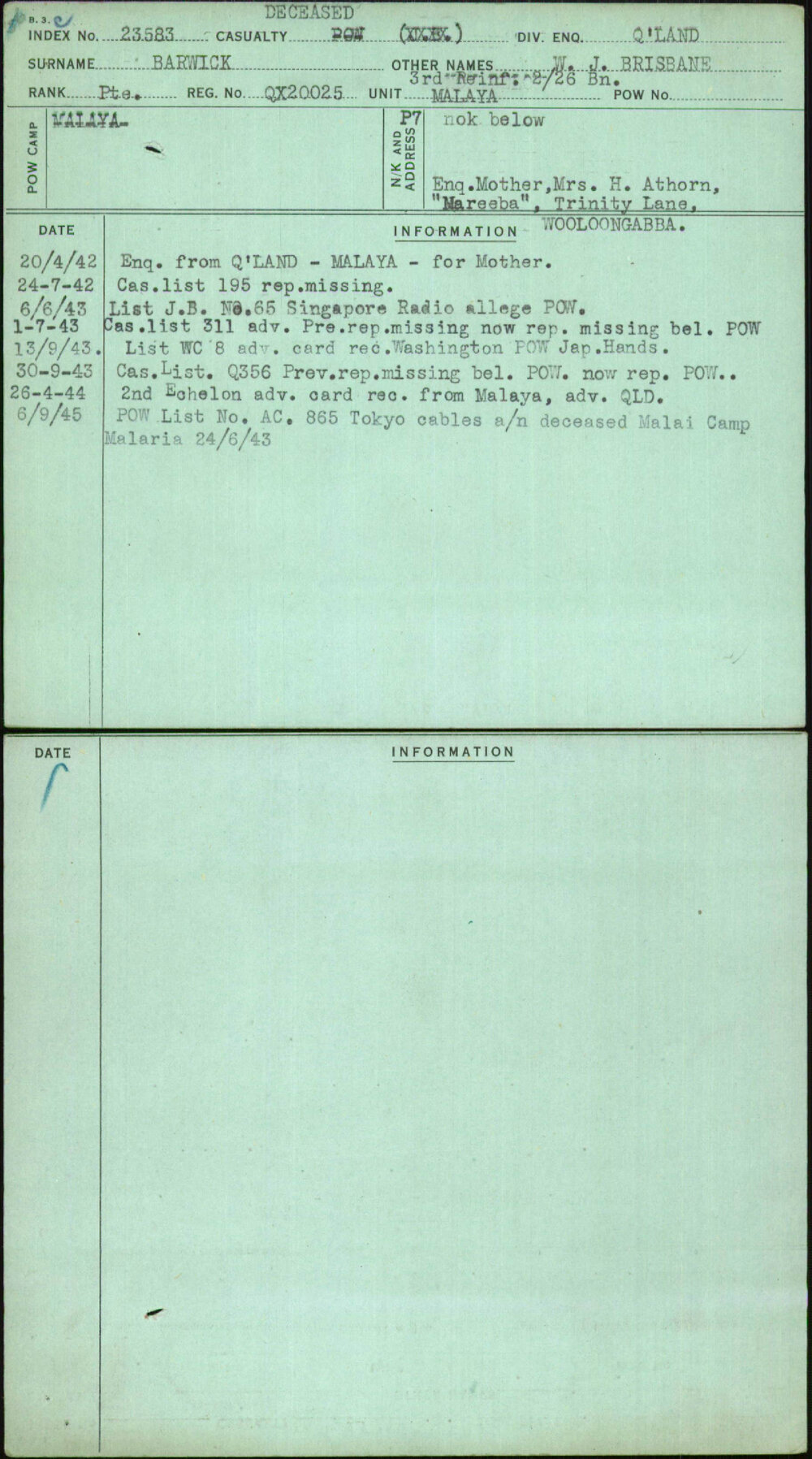 Barwick, W J Brisbane, QX20025