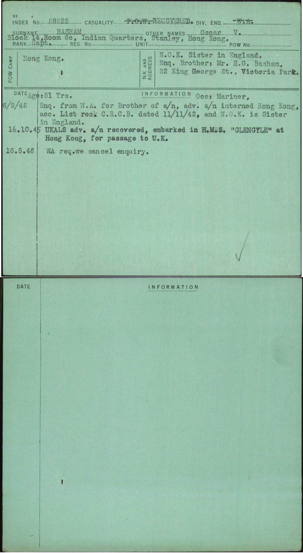 Basham, Oscar V, [No Service Number]